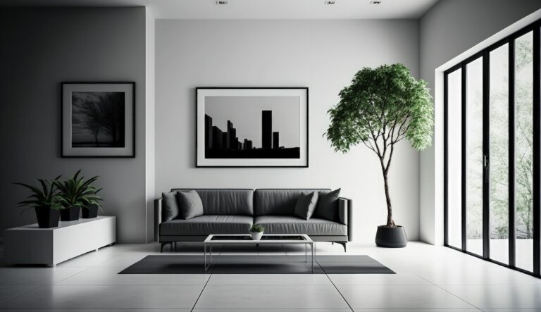 modern minimalistic interior design light bright monochrome room with black white furniture c