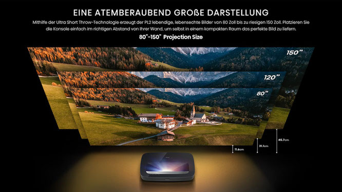 Hisense PL2 Laser TV Bildgrößen von 80 bis 150 Zoll  beamer-freund Düsseldorf, laser tv leinwand, tv projektor