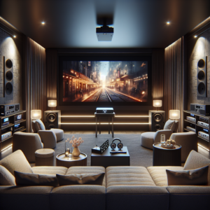 Wohnzimmer mit Beamer und Leinwand