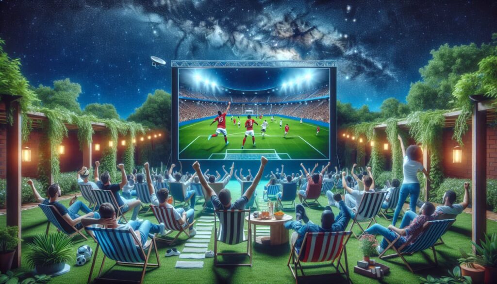 Laser TV im Garten auf großer Kontrastleinwand mit Fußball Weltmeisterschaft