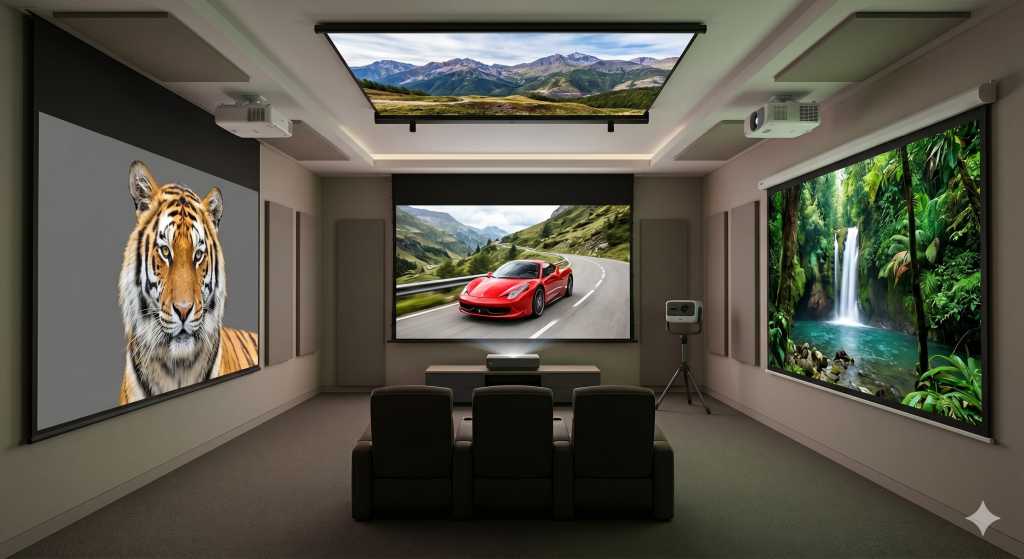 Heimkinotraum im Beamerraum mit Laser TV und Deckenbeamer Bodenscherenleinwand Rahmenleinwand Motorleinwand
