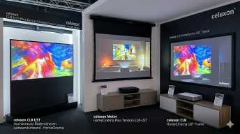 Leinwände für Laser-TV Bodenscherenleinwand, Motorleinwand und Rahmenleinwand in einem Raum