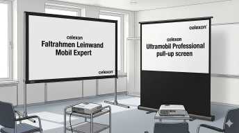 Celexon Faltrahmenleinwand und Ultrabobil Professional Pull-UP Bodenleinwand nebeneinander im Konferenzraum - KI-generiert