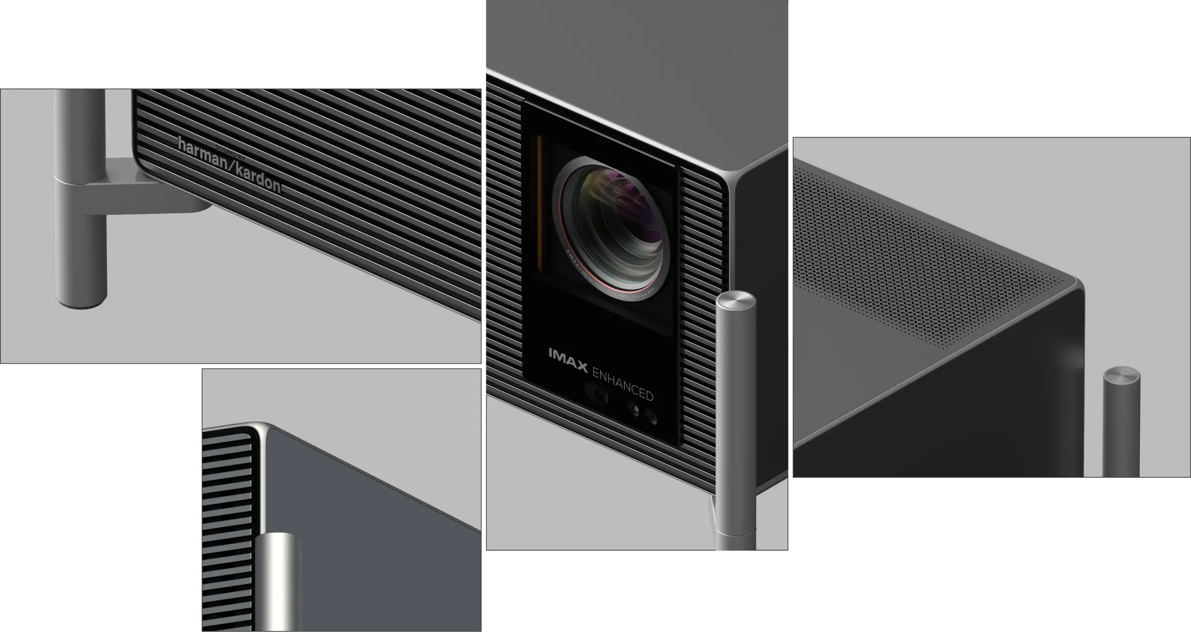 XGIMI TITAN Noir Pro in der 360-Grad-Ansicht – skulpturales Gehäusedesign aus reiner Geometrie, das den Projektor zu einem architektonischen Objekt im Wohnraum macht