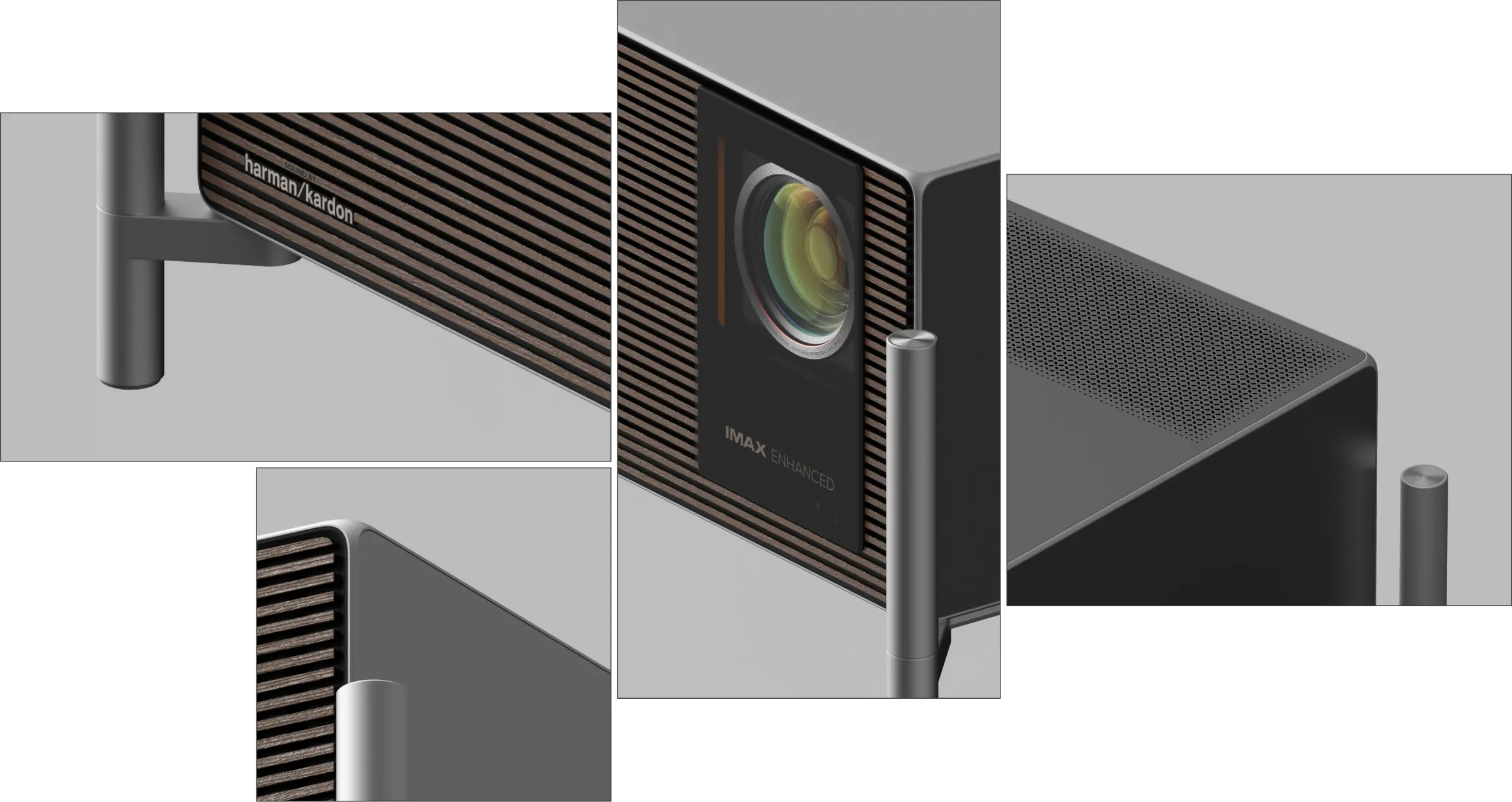 XGIMI TITAN Noir Ultra Max aus der 360-Grad-Perspektive – architektonisches Gehäusedesign mit der exklusiven Holzstruktur-Frontblende der Ultra Max Edition