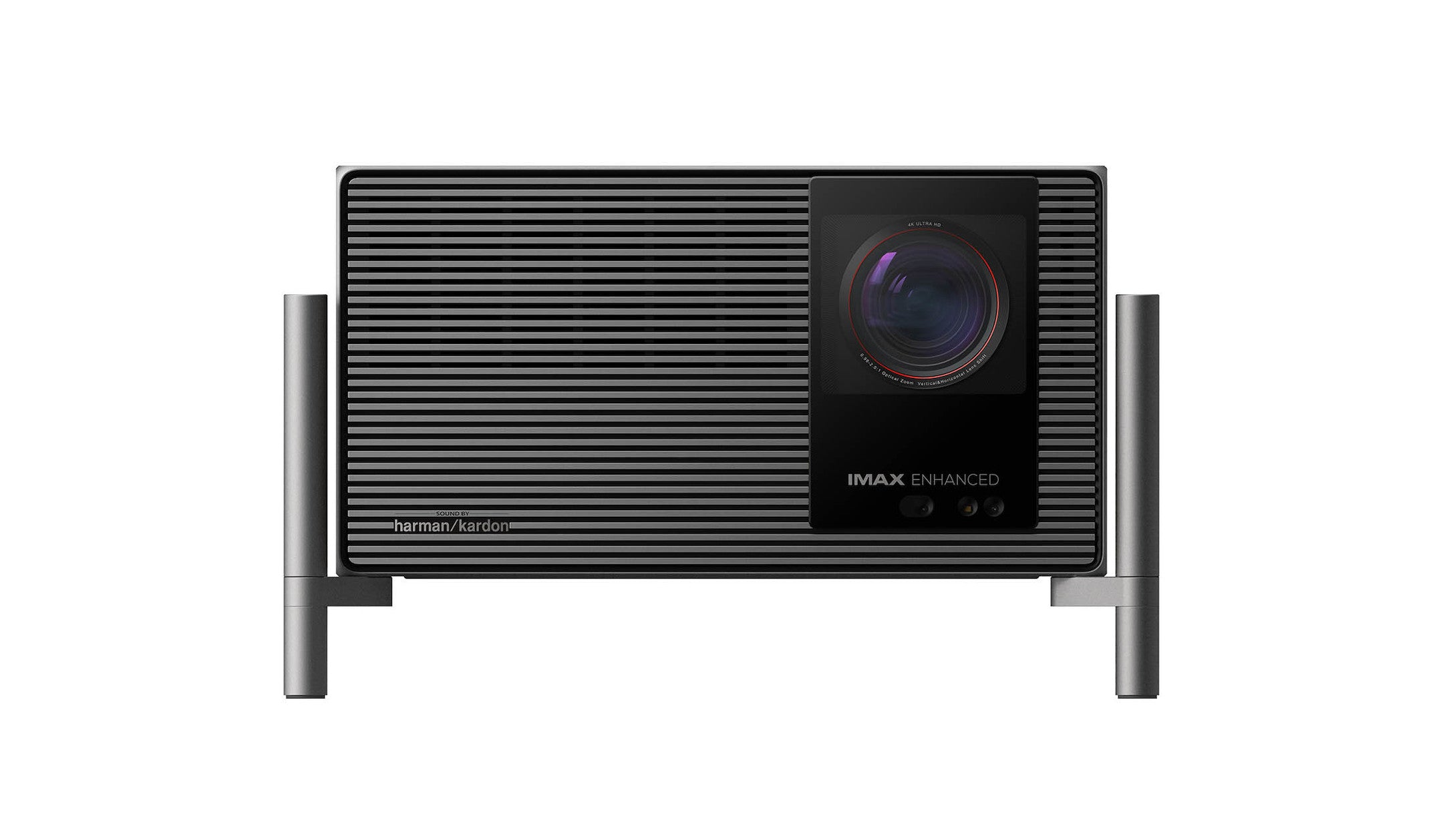 XGIMI TITAN Noir Ultra Pro Frontansicht mit gut sichtbarem Harman Kardon Lautsprecher-Gitter und charakteristischer Noir-Optik