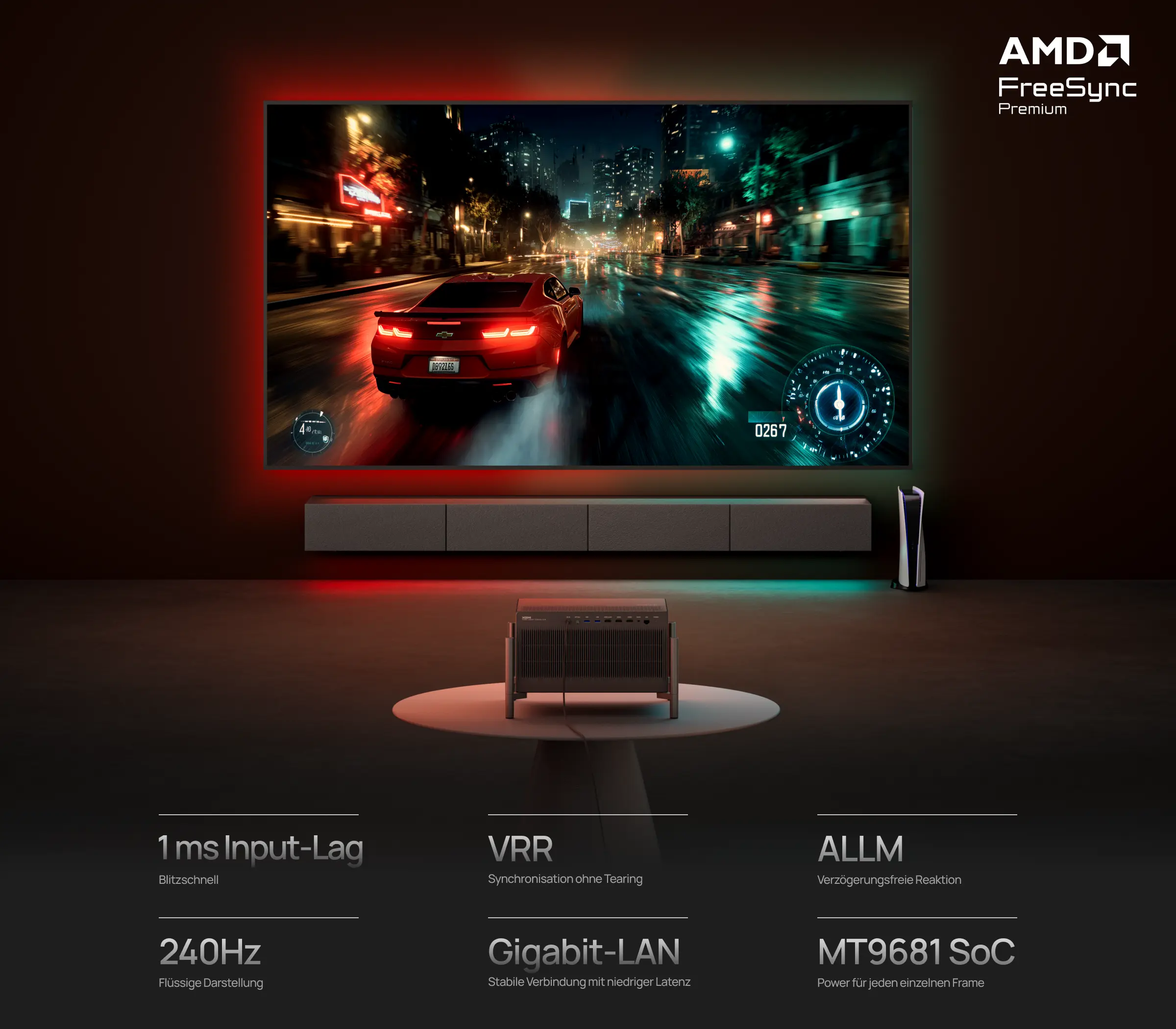 XGIMI TITAN Noir Pro im Gaming-Betrieb mit 240 Hz Bildwiederholrate, 1 ms Input Lag und AMD FreeSync Premium – für PS5, Xbox Series X und PC ohne Kompromisse