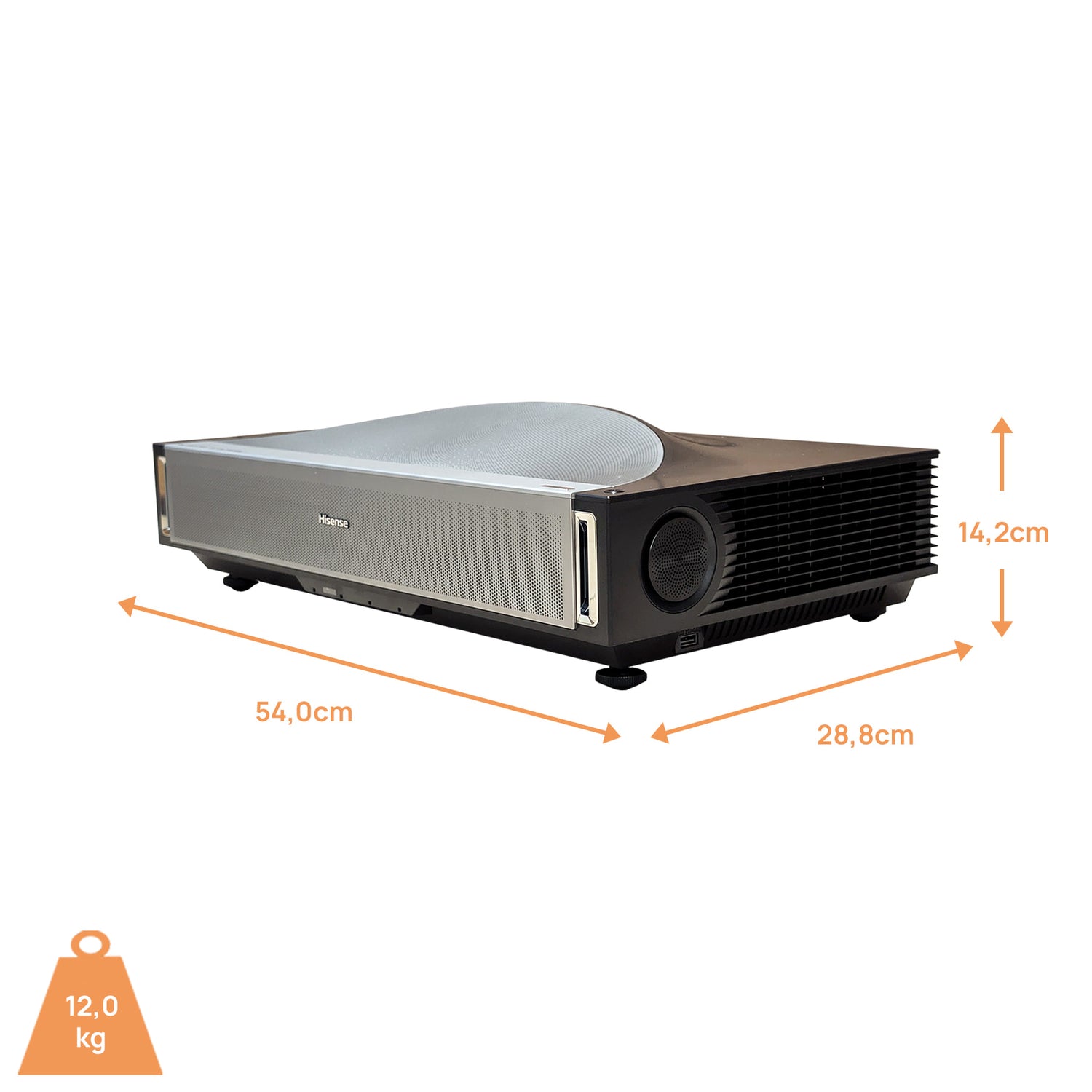Maßzeichnung des Hisense PX4 Pro TriChroma mit Abmessungen 540 x 288 x 142 mm und Gewicht von 8,3 kg
