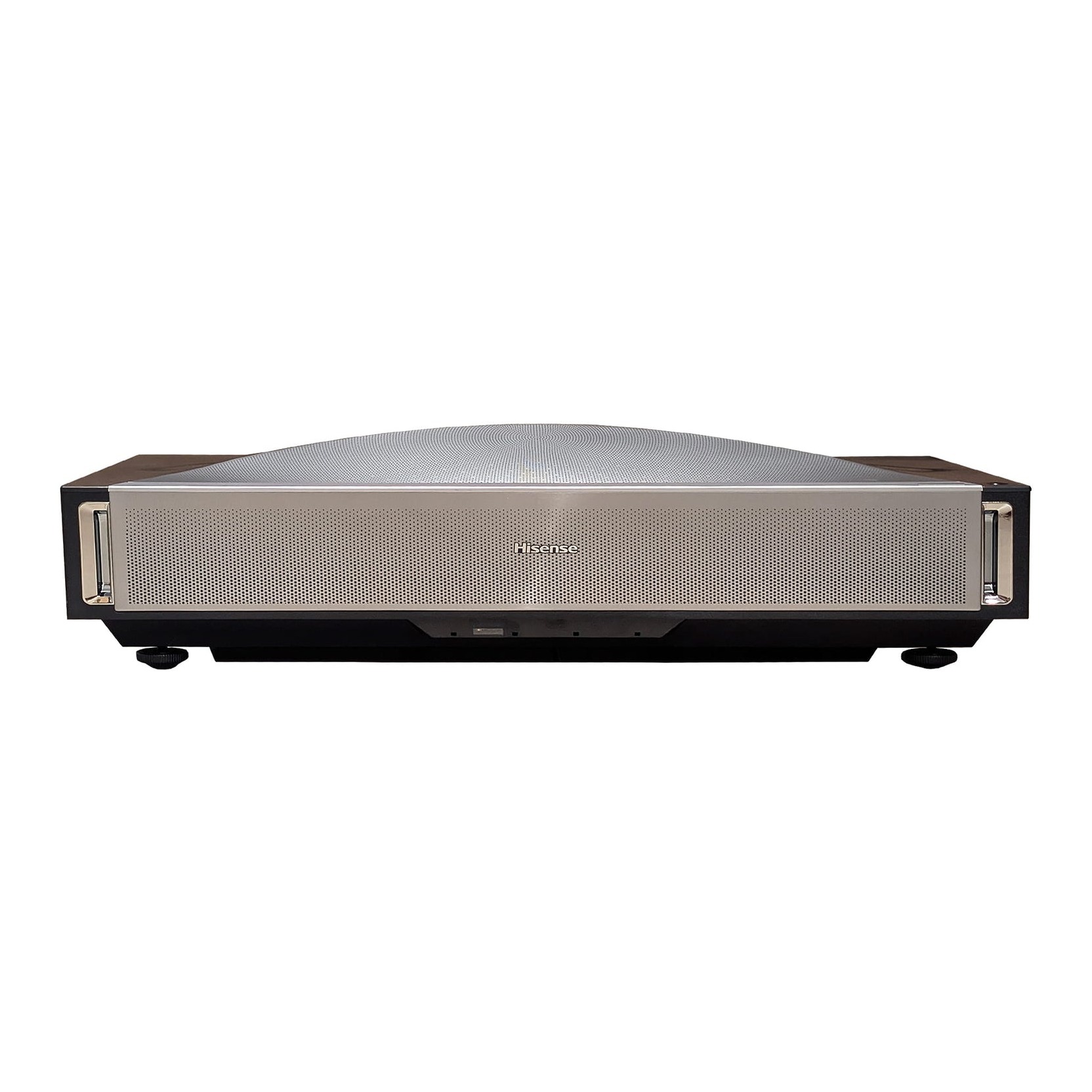 Hisense PX4 Pro TriChroma Laser TV in der Frontansicht mit schwarzem Gehäuse und integrierter Devialet-Soundbar-Front